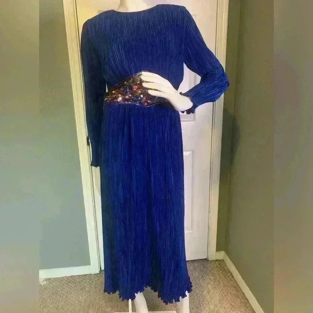 Nuit Vintage 80s Crepe Dress 10 Sequin Wasp Belt Blue Longsleeve Cocktail Formal